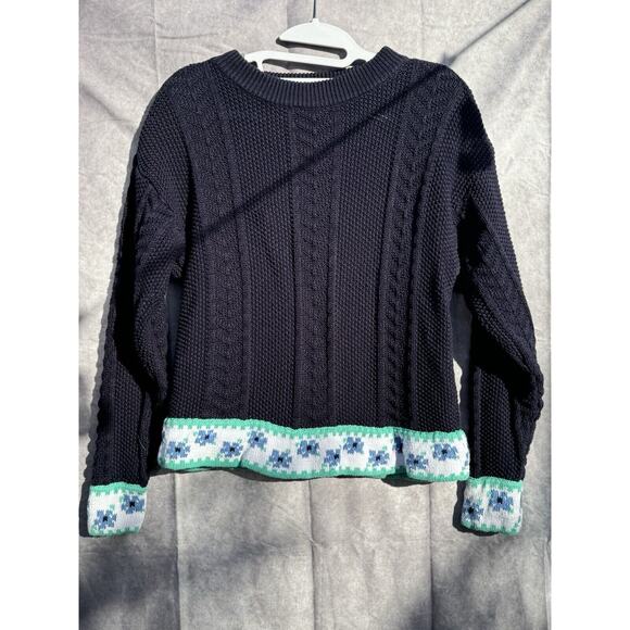 VTG Birch Bros Eagles Eye‎ Hand Knit Sweater Cable Knit Women Medium Navy Floral - Picture 1 of 8